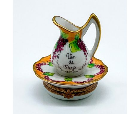 Hand painted box shaped as a jug and tray adorned in a grape decor. Pitcher marked: Vin de Pays. Grapes painted inside the bo