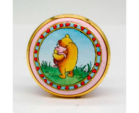 Hand painted beautiful enamel box decorated with birthday cakes on pink background. Screw top has gilt edges. Halcyon Days ba