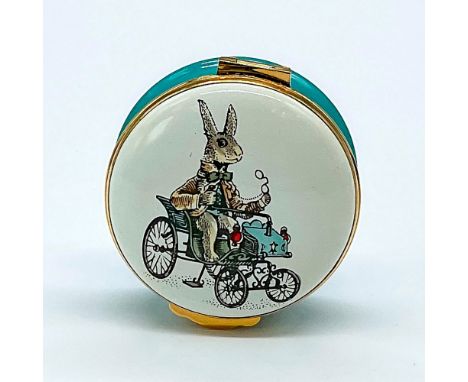Enamel on copper collector's box featuring a gentleman rabbit driving his antique motor car. Hand painted design. Sketch of m