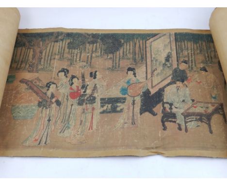 A Chinese scroll, painted with figures in courtyard scene. 