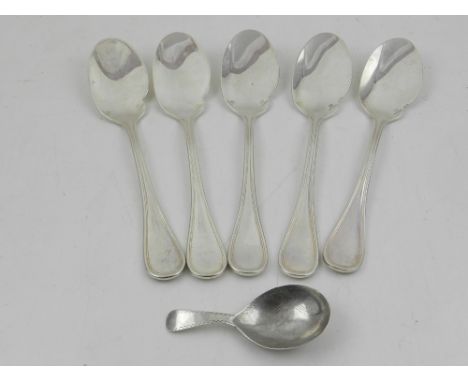 A set of five Christofle cake spoons, bearing purity marks, together with a Georgian caddy spoon, (6)