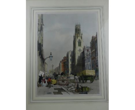 Thomas Shotter Boys (British, 1803-1874). 'St Dunstan's, Fleet Street', a polychromatic lithograph of a town scene. H: 46cm W