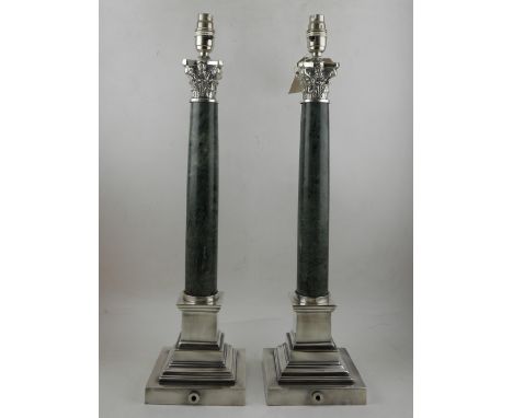 A pair of silver plated and green hardstone Corinthian column table lamps, having stepped bases. H.58cm