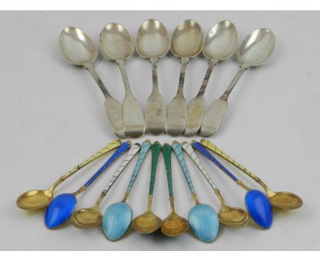 A set of ten Danish sterling silver and guilloche enamel spoons, various colours, together with a set of six silver dessert s