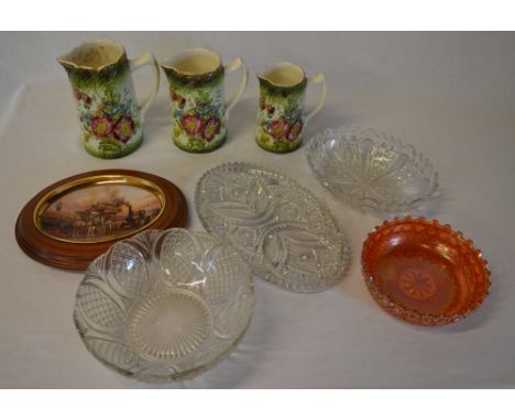 3 graduated ceramic jugs, framed collectors plate, various glassware incl carnival glass bowl etc