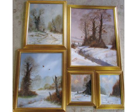 5 oil on board paintings by Lincolnshire artist K R Wilkinson inc 'Out from the elms' 'High over' and Muckton Wood Louth 'Bra