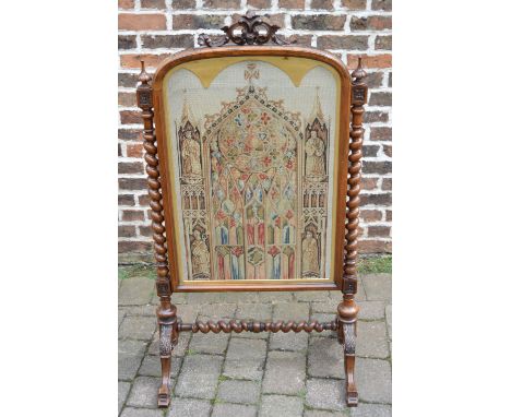 19th century fire screen with needle point tapestry