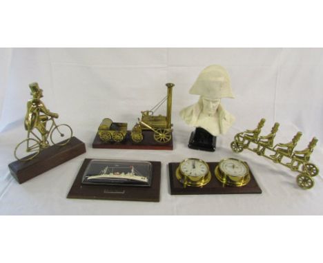 Brassware inc Stephensons Rocket, Thomas Blakemore '4 men on cycle' and 'man on cycle', Napoleon bust, clock and barometer an