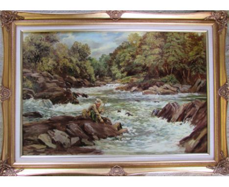 Large oil on canvas of a flyer fisherman 'Out in the fresh air' by Esme Hamilton 90 cm x 65 cm