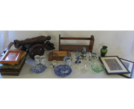 Assorted ceramics inc Spode & Delft, glassware, photo frames, wooden canon etc