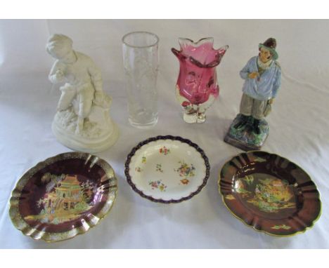 2 Carlton ware 'Rouge Royale' plates, Royal Worcester plate, Webb glass vase, Majolica figure of a fisherman (chip to base), 