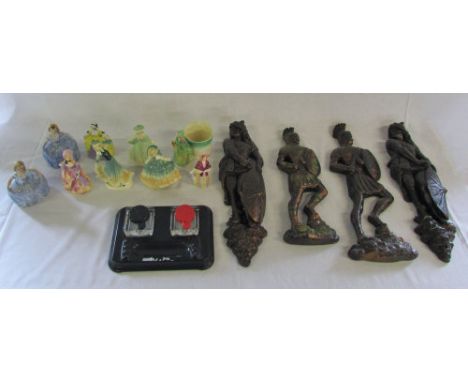 Assorted ceramic miniature ladies, Roman wall plaques and black ink stand