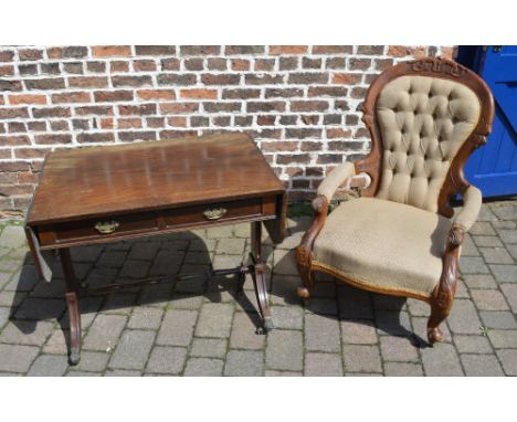 Regency style sofa table and a Victorian button back open armchair