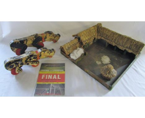 Vintage toy farmyard, 2 Fisher Price 'Snoopy' wooden toy dogs & a 1971 F A Cup final programme 1971