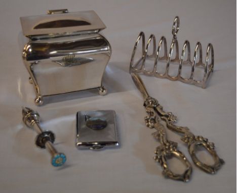 Silver plated grape scissors, vesta case, toast rack, tea caddy and sugar cube mechanical tongs
