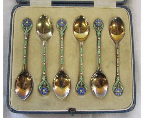 Cased silver and enamel teaspoons Birmingham 1930 total weight 1.34 ozt