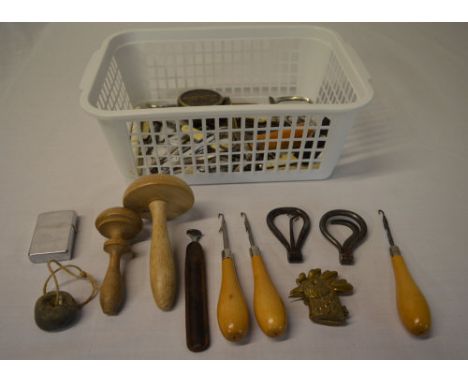 Zippo lighter, button hooks, vesta case, various handheld tools etc