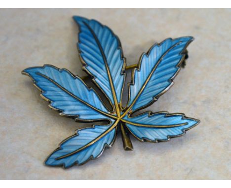 Bernard Meldahl Norwegian sterling silver blue guilloche enamel brooch in the shape of a maple leaf, with BM makers mark and 