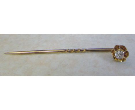 Tested as 9ct gold diamond stick pin total weight 1.5 g diamond approx 0.20 ct 