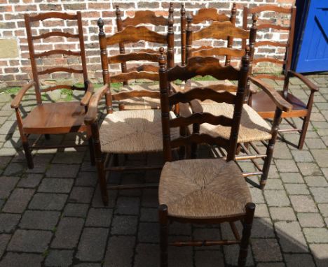 5 rush seat ladder back chairs (incl 2 near match carvers) and 2 solid seat ladder back carver chairs