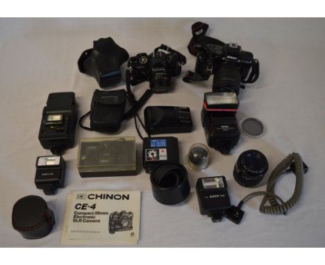 Various cameras including Chinon CE-4 Compact 35mm, Nikon F-401s, Zenith Lomo, various lenses, flashes etc