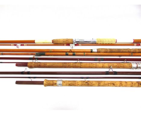 FOUR FISHING RODS  comprising Bruce & Walker 'The Trotter' three-piece rod, Gladding Sealey 'Sea Spray' two-piece rod and two