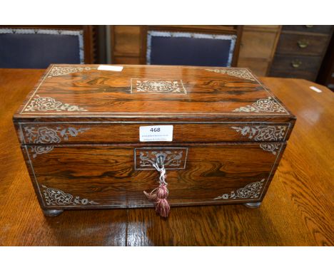 Mother of Pearl Inlaid Walnut Tea Caddy with Mixing Bowl and Original Key 