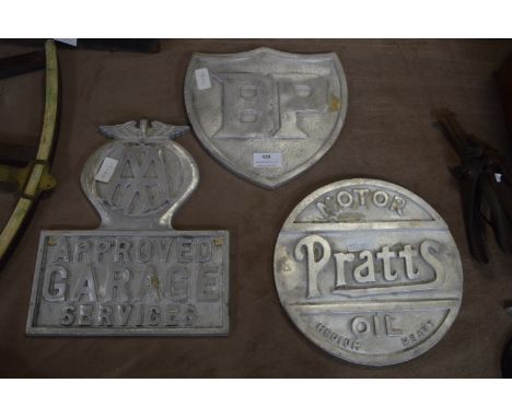Three Cast Aluminium Motoring Signs; Pratts Motor Oil, AA, and BP 