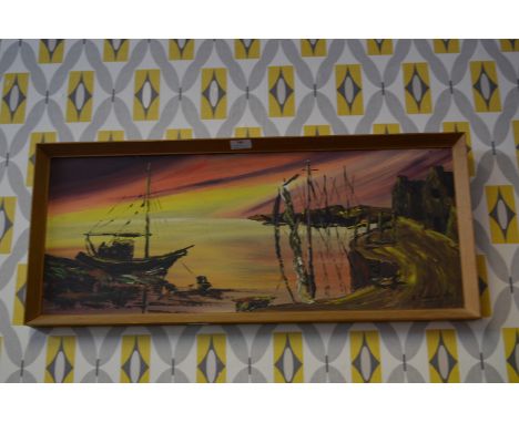 Oil on Board by K. Sutton 1970 - Harbourside Scene 