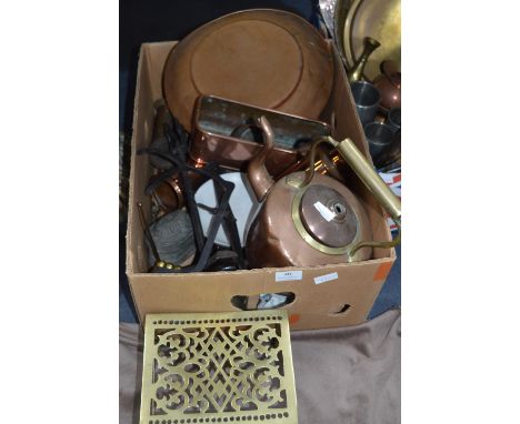 Box of Brassware Including Kettles, Scales, and Copper Pans, etc. 