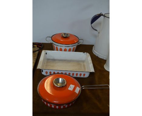 1970's Orange &amp; White Enamel Kitchen Utensils by Cathrineholm of Norway 