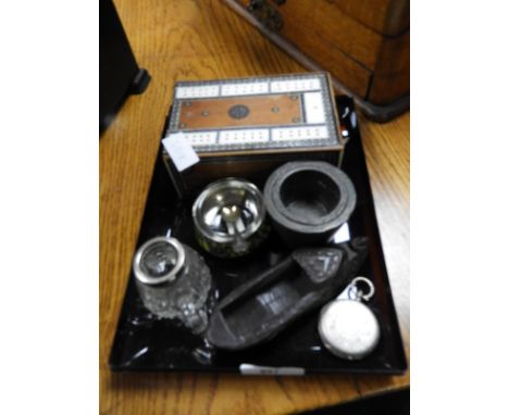 Tray Lot of Collectibles, Cribbage Board, etc. 