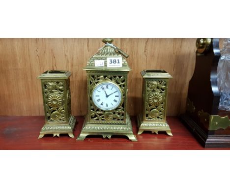 VICTORIAN BRASS MANTLE CLOCK SET