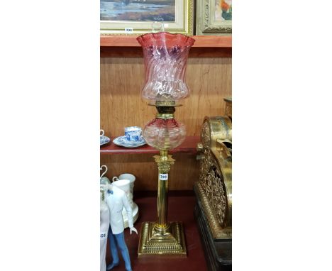BRASS CORINTHIAN PILLAR OIL LAMP RUBY SHADE
