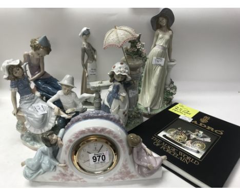 Six Lladro figures including a girl holding a parasol, seated clown and a clock, together with a book on Lladro