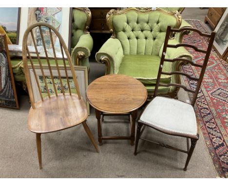 An Ercol high backed dining chair, Edwardian ladder backed bedroom chair, Small circular oak side table