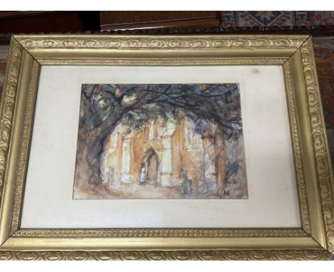 A framed watercolour architectural scene of a church with indistinct figures in the foreground, unsigned. The measurements ar