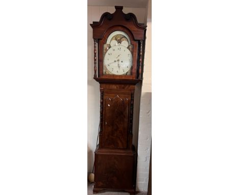 An early 19th Century painted dial moon face grandfather clock, marked to bell movement G.Ainsworth Warr.