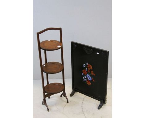 Mahogany Three Tier Folding Cake Stand and a Black Wooden Firescreen