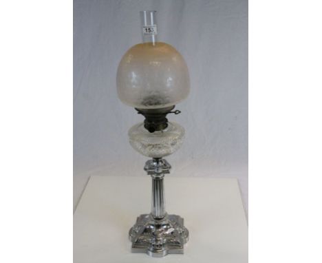White Metal Corinthian Column Oil Lamp with Cut Glass Well and Pink Tinted Floral Etched Glass Shade with Chimney, 71cms tota
