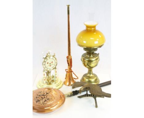 Box of Mixed Collectables including Oil Lamp, Copper Horn and Bed Pan, West German Clock, etc