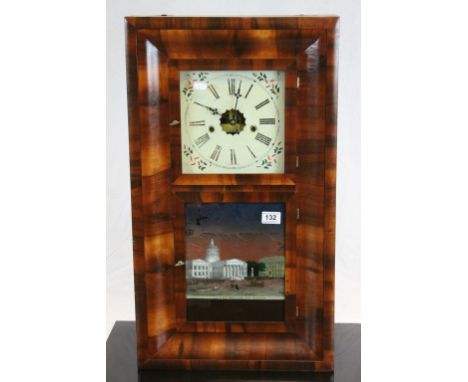  19th century American ( E N Welch ) Eight Day Ogee Striking Wall Clock, the Glass Panel decorated with a scene of The Court 