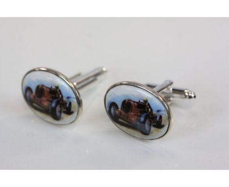 Pair of Silver and Enamel Cufflinks depicting a Vintage Car