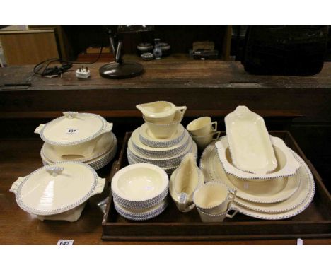 1920's / 30's Crown Ducal Part Dinner Service, Ribbed Cream Bodies with Blue Flecked Rim including Two Lidded Tureens, Three 