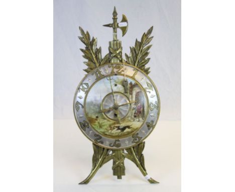 Late 19th / Early 20th century Continental Table Clock, the enamelled face painted with a scene of 17th century Gentleman car