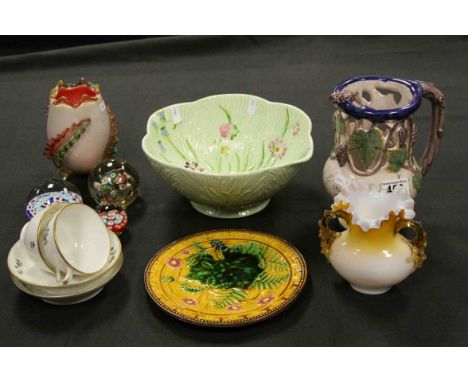 Mixed Lot of Ceramics and Glass including a Majolica Plate, Beswick Flower decorated Leaf Bowl, Three Millefiori Paperweights