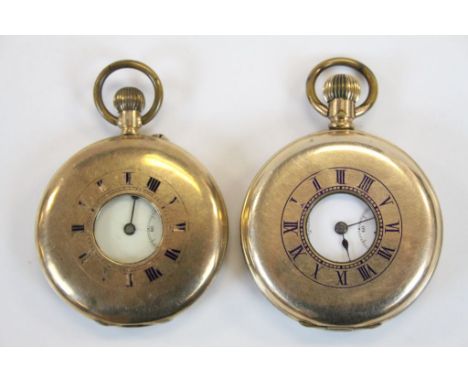 Gold plated top wind half hunter pocket watch, white enamel dial and subsidiary dial, black Roman numerals and poker hands, b