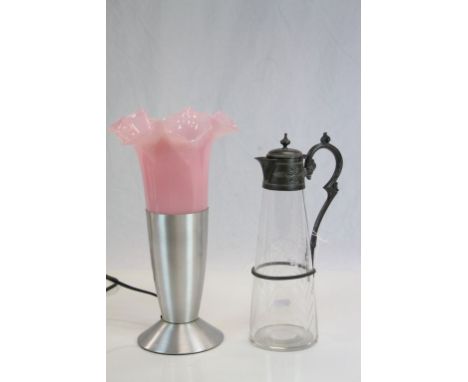 Victorian Etched Glass Claret Jug with Pewter Mounts together with a Table Lamp with Pink Glass Shade