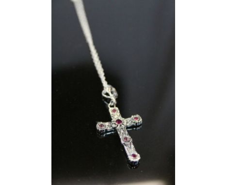 Silver and Ruby Crucifix on Silver Chain