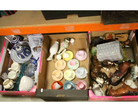 Three Trays of Mixed Ceramics and Glass including Horse and Animals Figures, Harlequin Tea Cups and Saucers, Jasperware Teapo